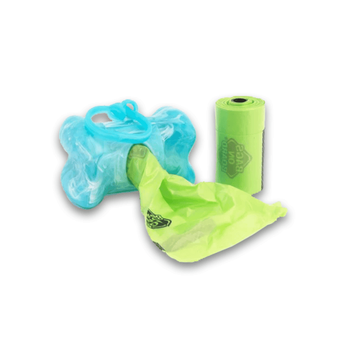 White background with a turquoise 'Bags On Board' bone shaped poo bag Dispenser with a roll of green bags next to it.