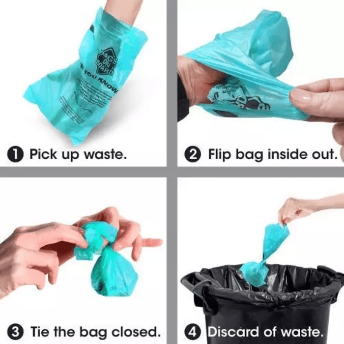 White background with an picture demonstration of how to use Bags On Board Ocean Scented poo bags.