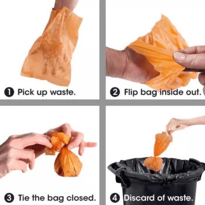 White background with an picture demonstration of how to use 'Bags On Board' Patterned waste bags.