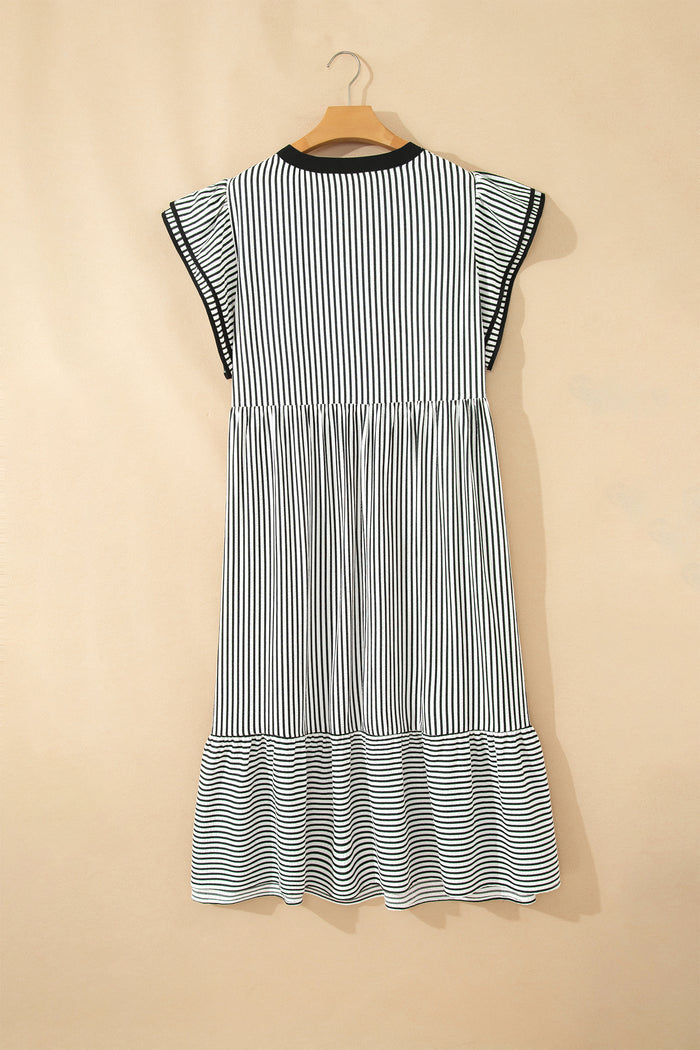 Black Stripe Plus Size Slit V Neck Tiered Flutter Sleeve Maxi Dress