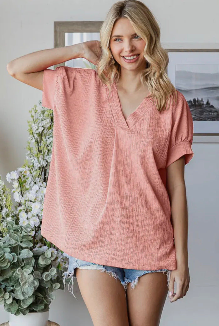 Blouse - Solid Textured V Neck Side Slit Short Sleeve, Apricot