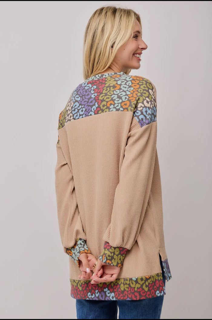 Blouse - Women’s Long Sleeve Top With Animal Print Pocket, Mocha Leopard, Plus Size