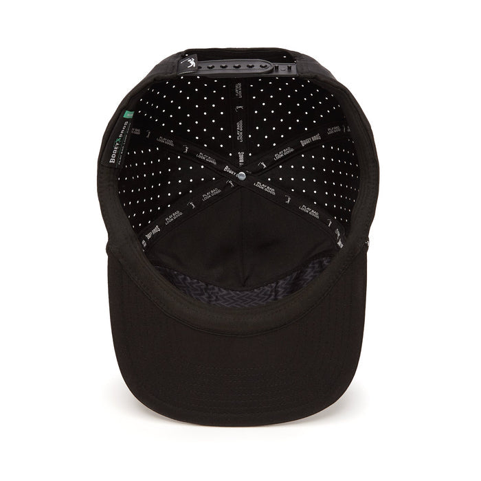The Bogeyman Black - Dad Hat features a curved black brim, adjustable back strap, dotted white pattern on the interior top, sweatband, and black fabric banding with white text.