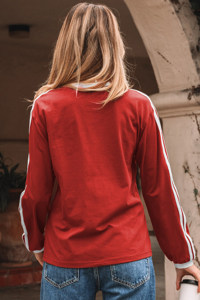 Dark Brown Varsity Striped Accent Contrast Crew Neck Long Sleeve T Shirt