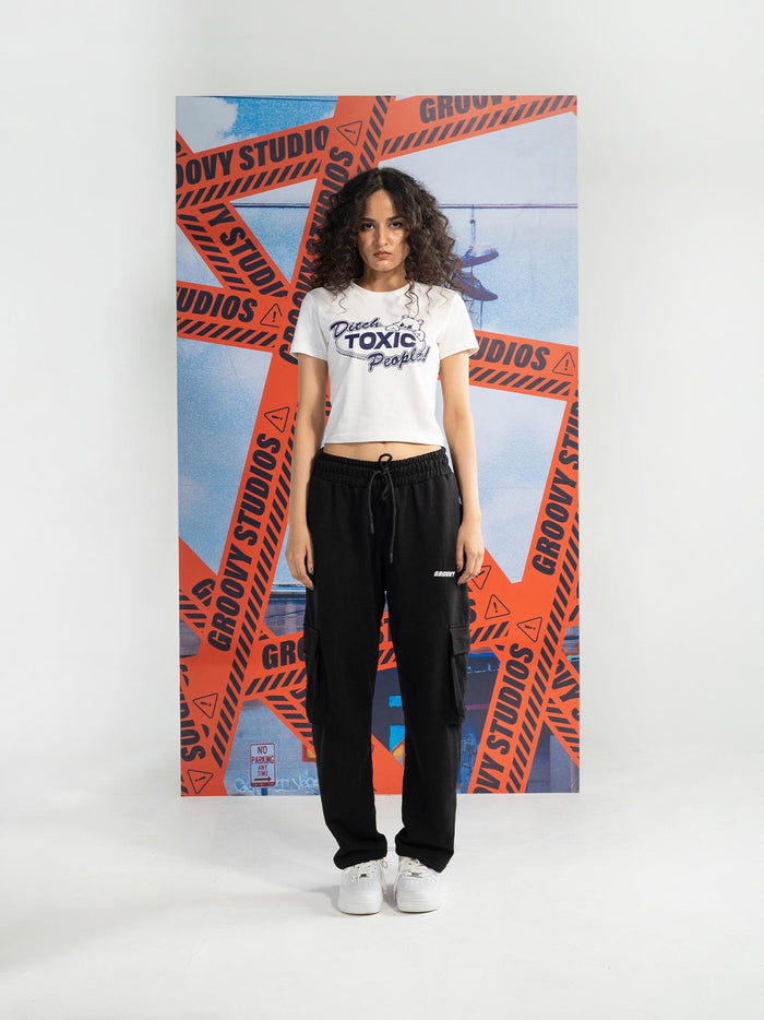 White Cropped Baby Tee Flat Lay Graphic – Ditch Toxic People – GROOVY Pakistan