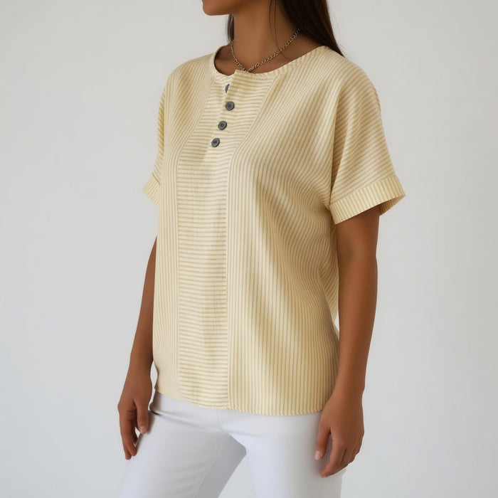 Dovinia - Blouse femme lin rayée manches courtes fluide été casual