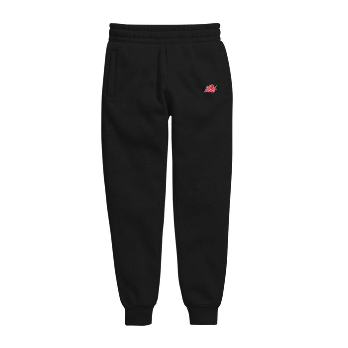 Bayside black varsity sweatpants with elastic waistband, cuffs, side pockets, hidden zipper pocket, and a small red embroidered logo on the left thigh shown on a plain white background.