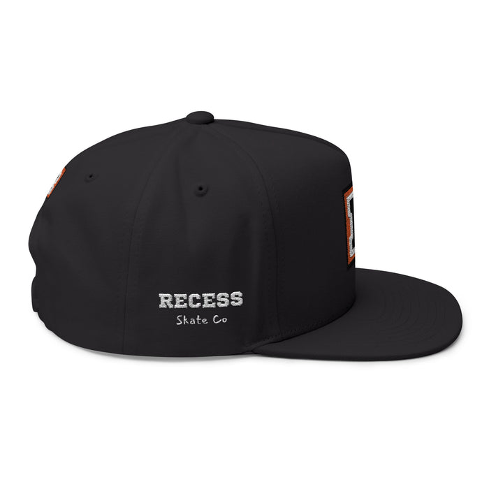 Embroidered 'R' Flat Bill Cap — Retro Varsity Patch Recess Snapback