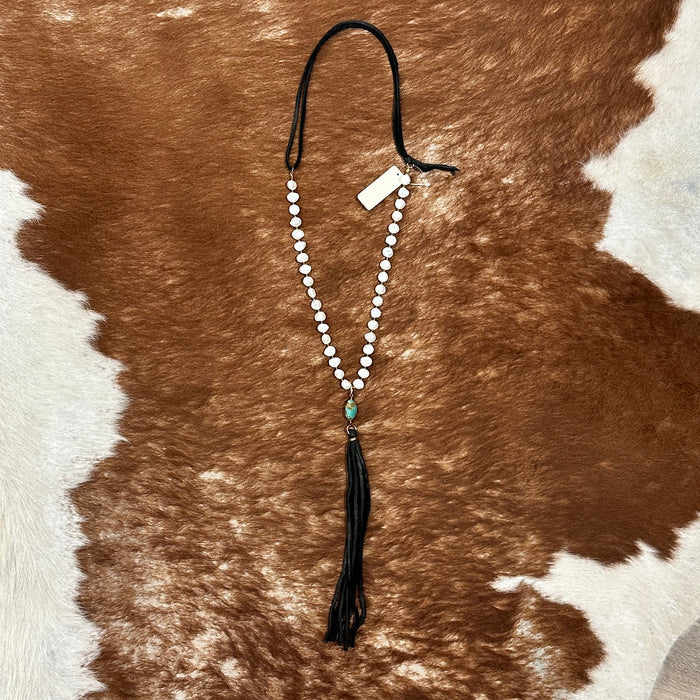Freshwater Pearl, Turquoise & Leather Tassel Necklace