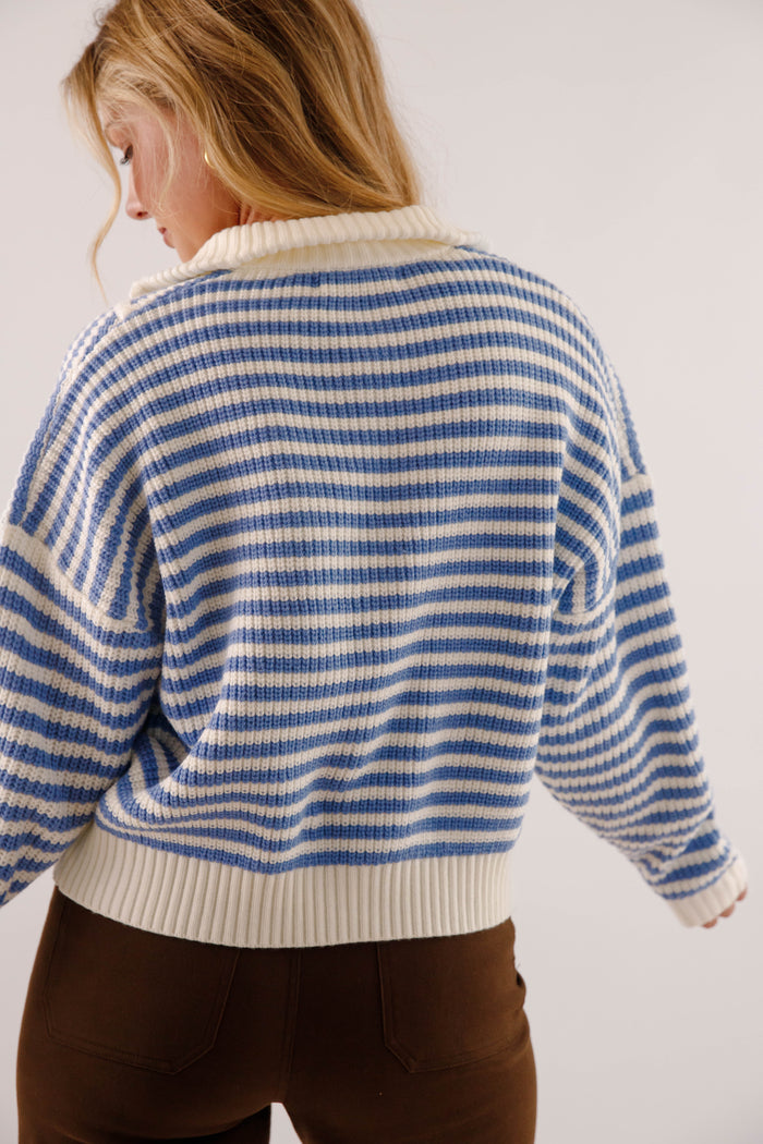 Chunky Knit Zip Mockneck Sweater- Blue Strip Knit Women's Sweater- Cozy Pullover for Women