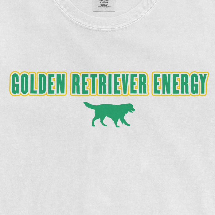 Vintage white T-shirt featuring green and yellow "Golden Retriever Energy" text and a green silhouette of a retriever dog.