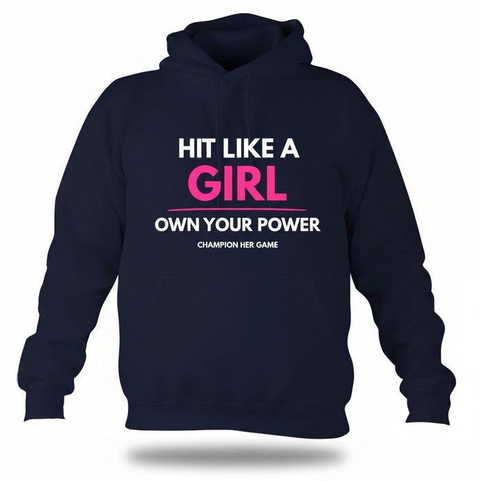Navy girls sports hoodie with Hit Like A Girl slogan - Durable fleece training hoodie for grassroots teams.