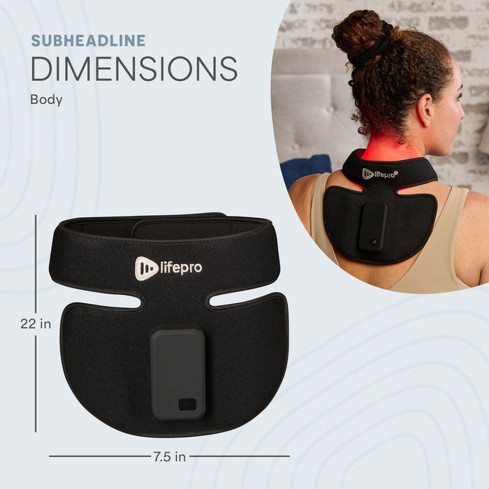 Product dimensions diagram of the Luminova Pro wrap, 22 inches long by 7.5 inches wide, with a woman wearing it on her upper back