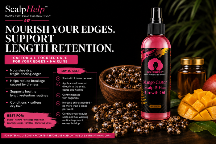 ScalpHelp™ Mango Castor Scalp & Hair Oil with castor beans, highlighting care for dry edges, hairline and length retention.