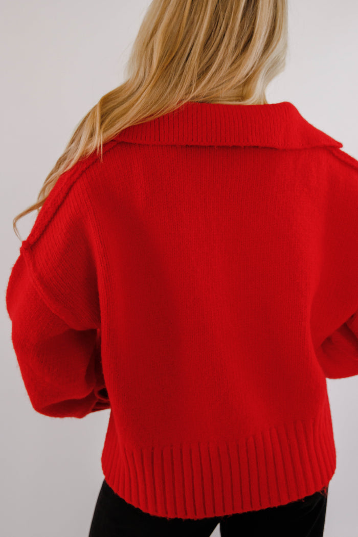 Polo Collar Ribbed Hem Sweater- Women's Cozy Red Sweater- Boxy Knit Sweater for Women