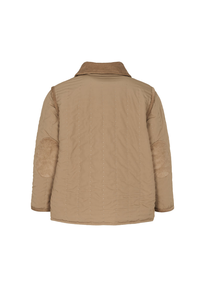 brown quilted thermal jacket with collar and snap buttons