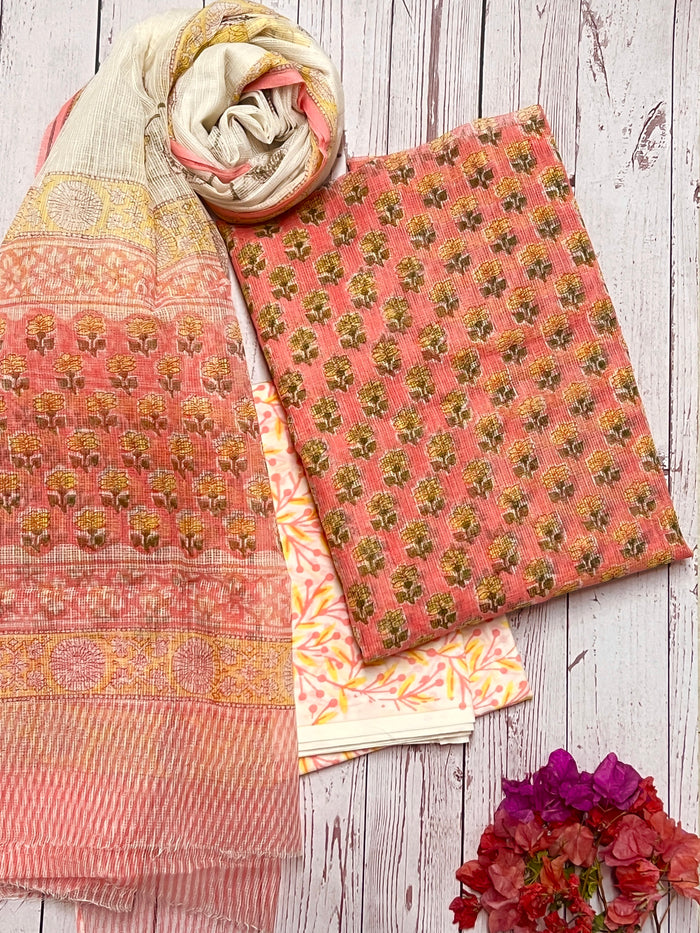 Peach printed Kota kurta set