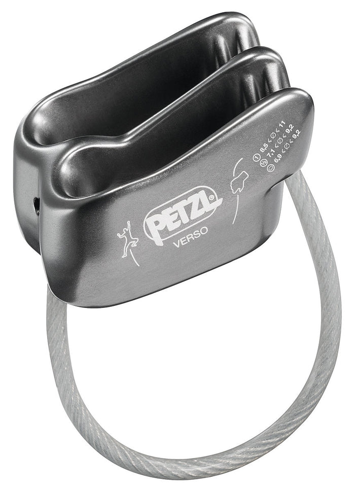 Lightweight gray aluminum Petzl Verso belay device with V-shaped friction grooves and an attached steel cable loop.
