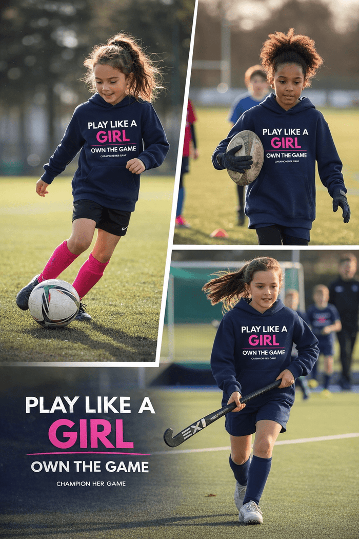 Girls football training in Play Like a Girl Navy hoodie - Empowering kids sports performance wear UK.