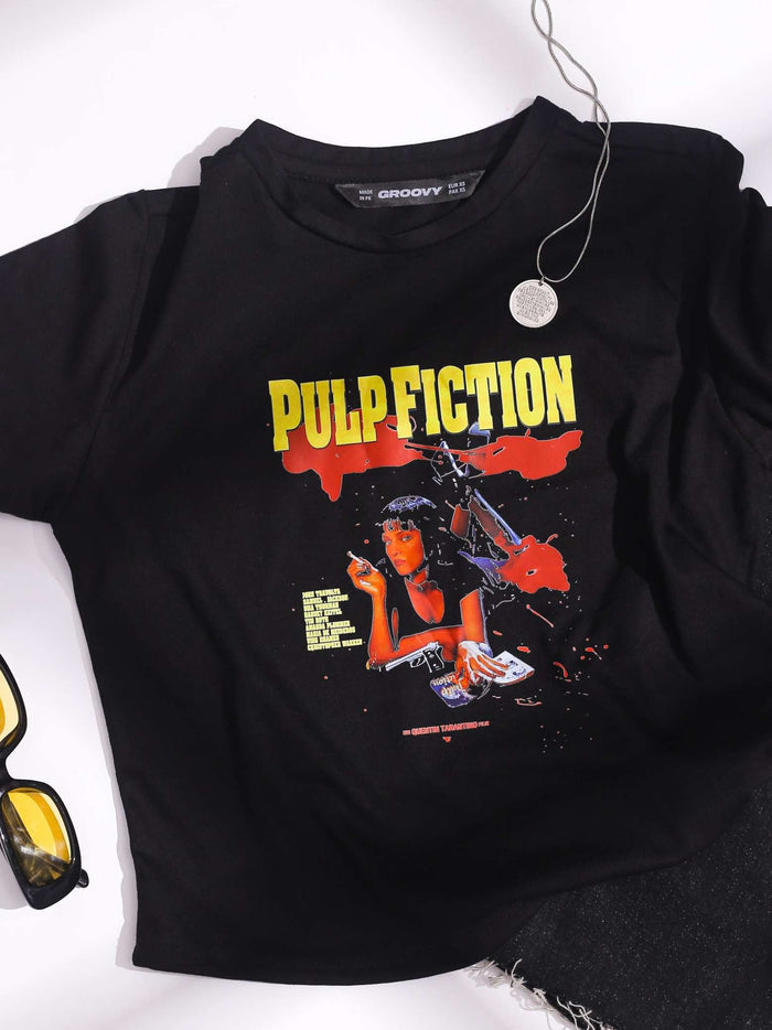 Pulp Fiction baby tee black female model full body front view graphic Pakistan – GROOVY