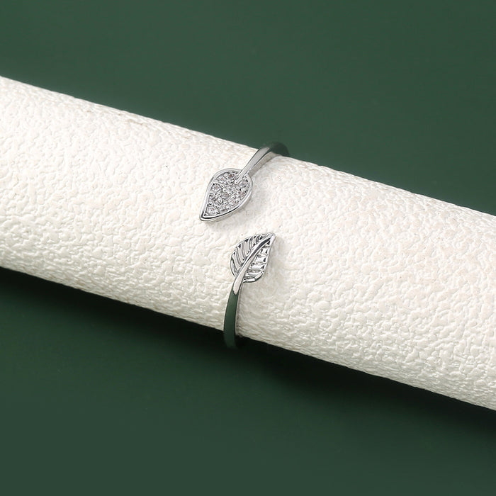 R656 - Inlaid Zircon Adjustable Silver Leaf Ring