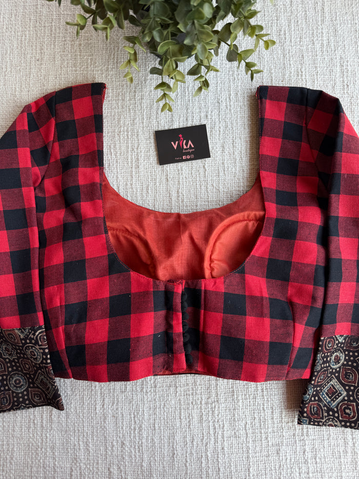 Red black checked blouse
