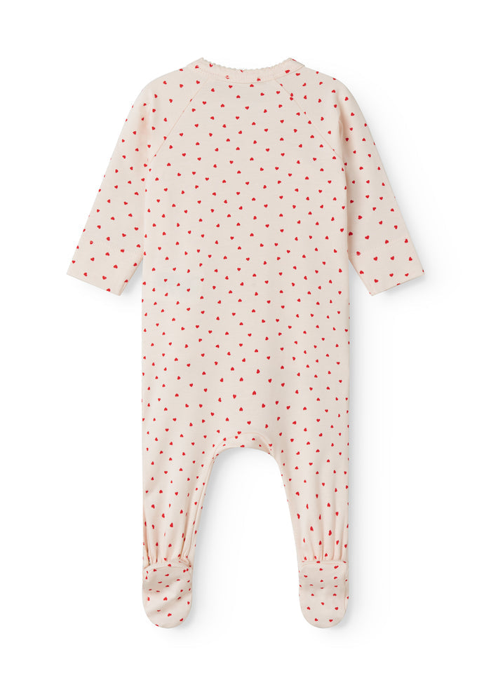 Hvid babyheldragt med lange ærmer og røde hjerteprikker, heldragt med fødder