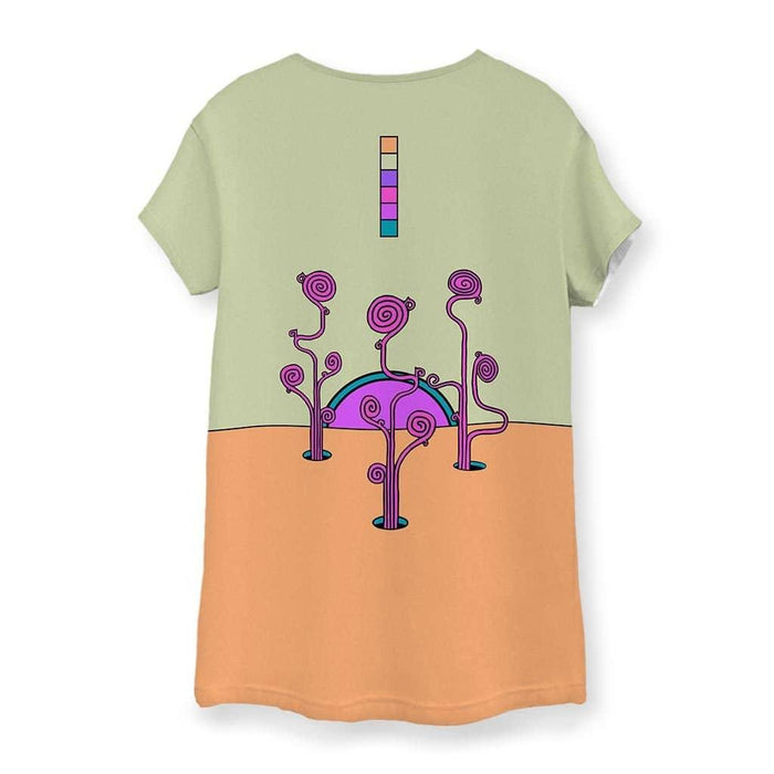 Sacred Sun Women's Tee - The personified sun face radiating from the deep indigo (#191970) sky quadrant contrasting against the pistachio (#C4D4A0) and apricot (#F2AD77) color-blocked torso
