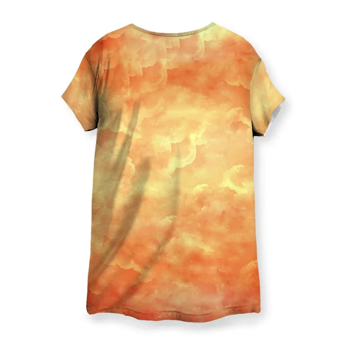 Saint The Dude Women's Tee - The specific pairing of dark wayfarer-style sunglasses with a carton of dairy held as a holy relic against a geometric gold halo (#F4C592)