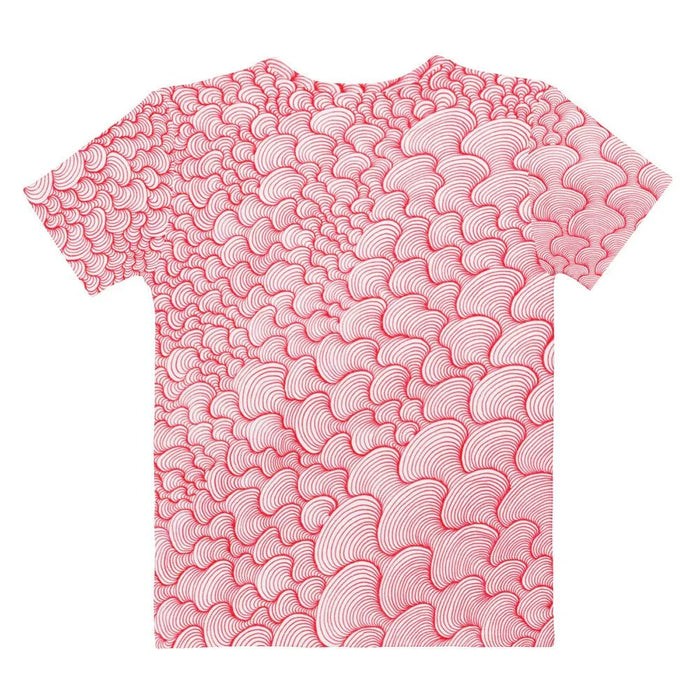 Scribblewave Women's Tee - The mesmerizing density of the crimson (#DC143C) concentric arches on a stark white background (#FFFFFF) that mimic traditional Seigaiha waves executed with a dizzying, single-path continuity.