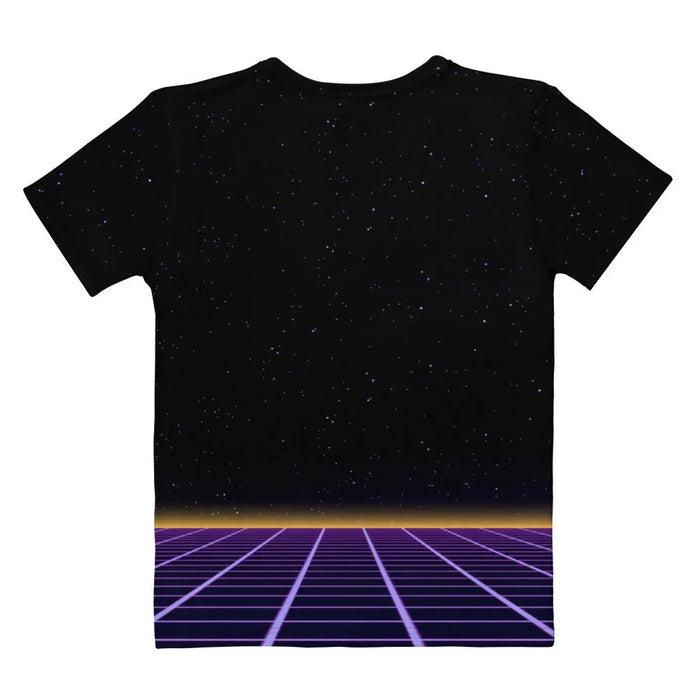 Skeletor Women's Tee - The contrast of the `mustard bone yellow (#E1AD01)` skull laughing maniacally above a `neon tangerine (#FF8C00)` scanline sunset and digital magenta grid.