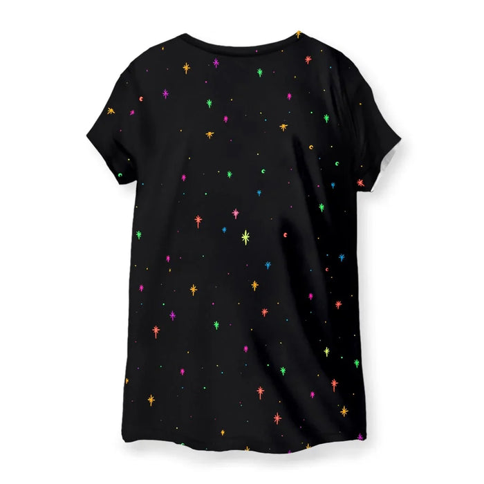 Skelly Space Drip Women's Tee - The stark contrast of the radioactive lime green (#32CD32) mandible melting away from the electric cyan (#00BFFF) upper skull structure.