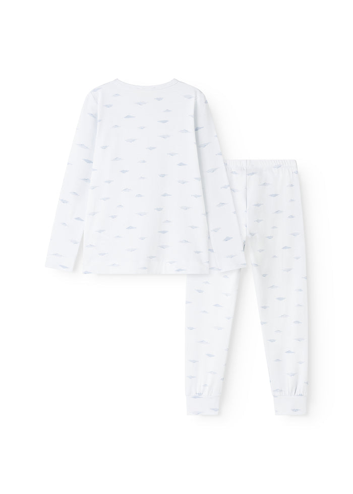 White baby sleep set with round neck, long sleeves and trousers, blue whale pattern.