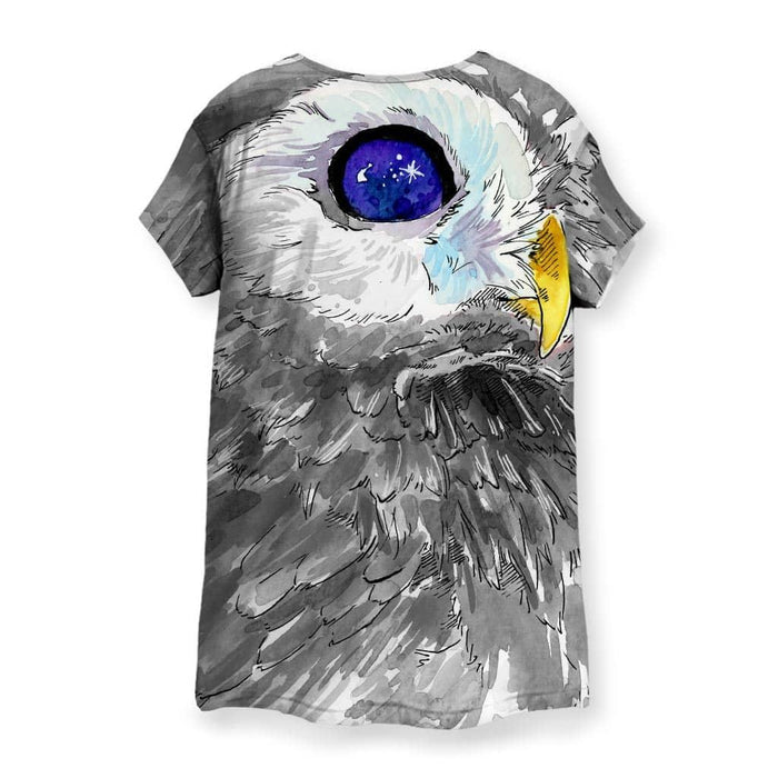 Stargazer Women's Tee - The jarring but beautiful replacement of the owl's pupils with deep cosmic blue (#2B3B94) starfields, set against the organic bleed of scarlet plumage (#D9212D)