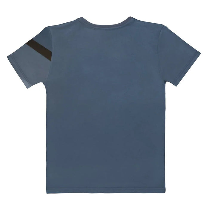 Starship Cat Women's Tee - The juxtaposition of the charcoal-grey domestic feline silhouette resting against the massive scale of the #C57B57 rust-colored planetary curvature, set amid the #2E3846 cosmic slate void.