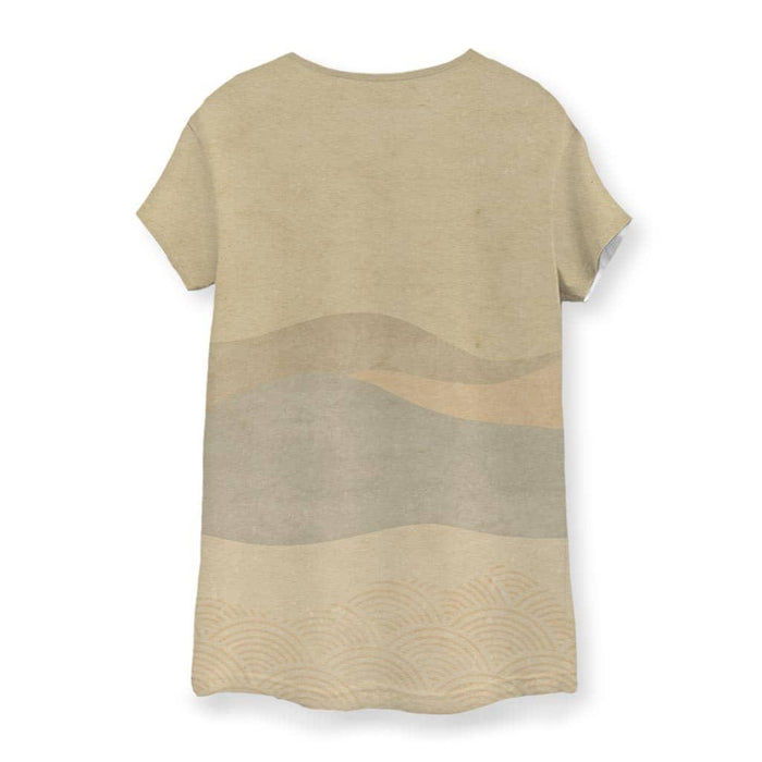 Street Catfish Women's Tee - The anthropomorphic catfish musician playing a shamisen in a russet red (#8A4B45) checkered kimono against a sandstone beige (#D8CBB2) washi texture, with dark indigo barrel (#2F3E46) accents.