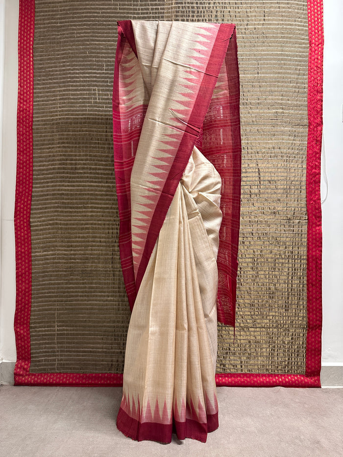 Temple Bordered Tussar Silk Saree - Red
