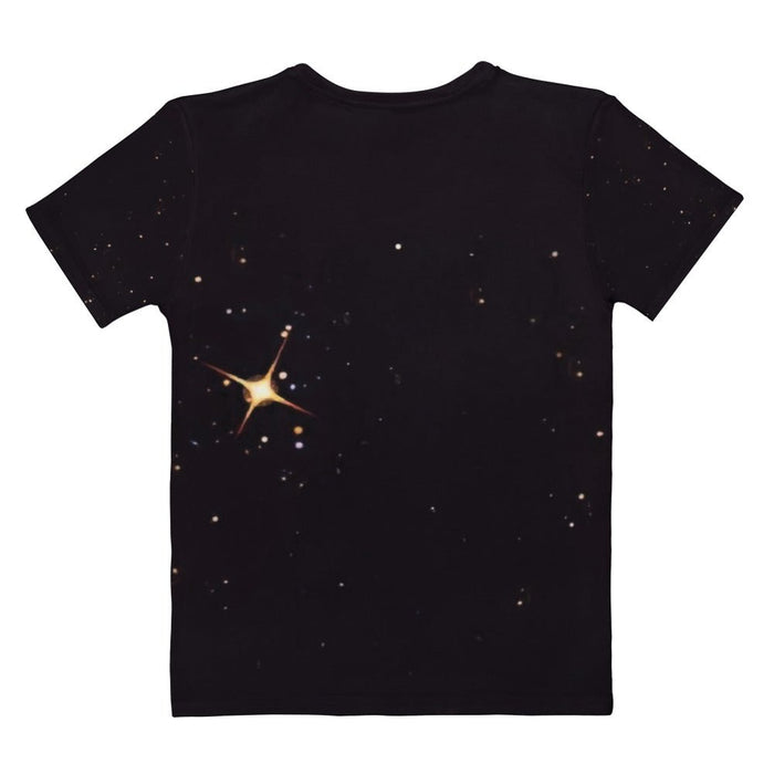 The Polar Sunset Women's Tee - The jarring double-exposure transition where the bear's `toasted caramel (#966F33)` fur dissolves directly into the `radiant amber sun (#FFC125)`, mimicking the specific visual language of mall kiosk airbrush art.