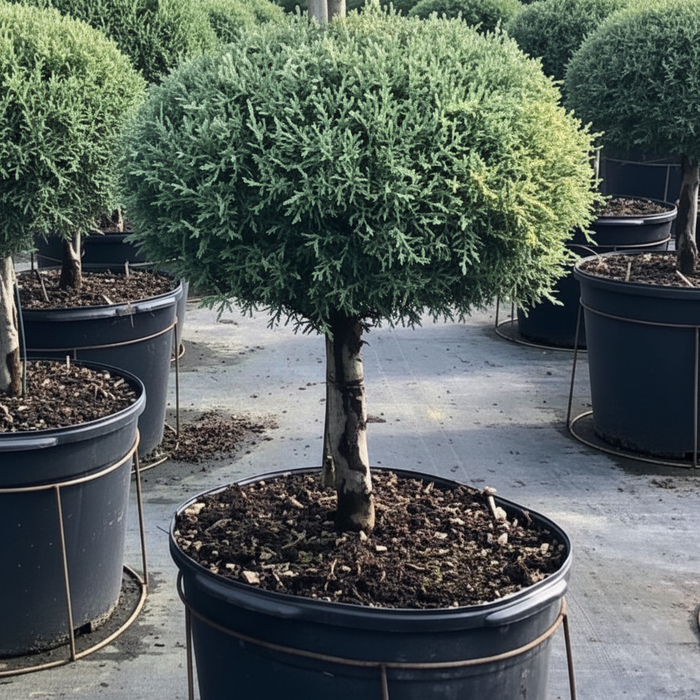 Topiary 1-Ball Blue Point Juniper Tree Form Potted tree in a greenhouse setting nursery container 5gal
