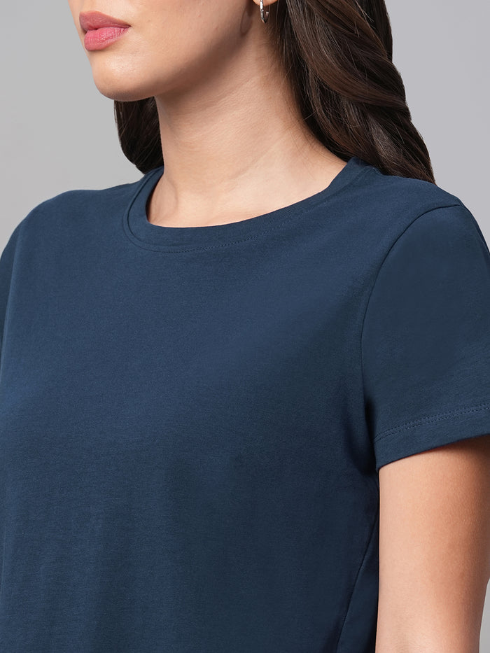 Women's 100% Cotton Curved Hem T Shirt Blue