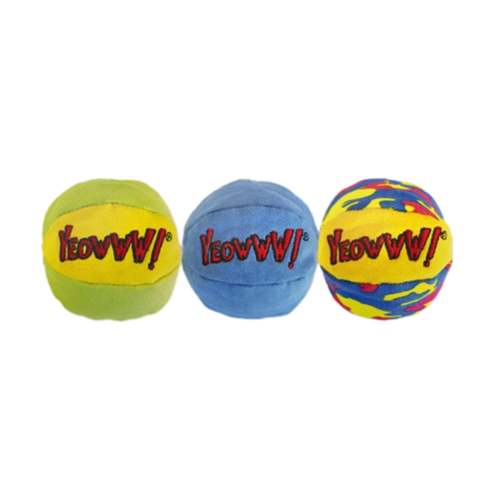 White background with three Yeowww! Cat Ball toys in a row, all different colours.