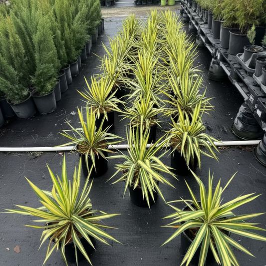 A group of young potted Yucca filamentosa plants with striking sword-shaped leaves featuring bright yellow centers and green margins, growing in black nursery pots