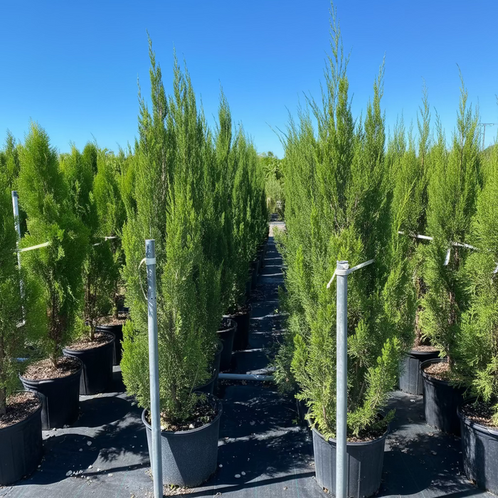 Brodie Red Cedar Tree, Fast Growing Evergreen Group of tall green trees against a clear blue sky