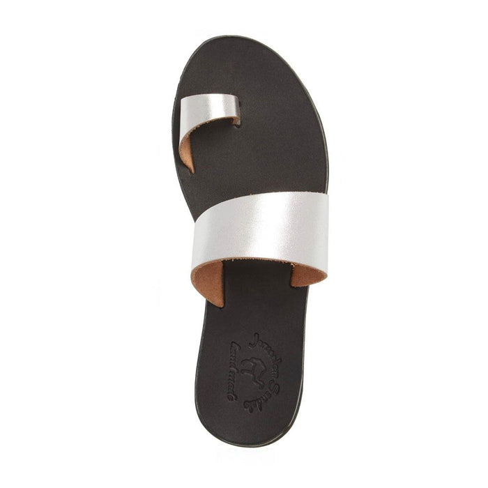 Abra silver, handmade leather slide sandals with toe loop - Side View