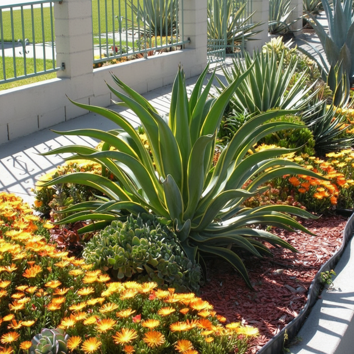 Large succulent plant in a garden with colorful flowers and a building in the background