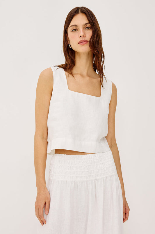 Akira Sleeveless Crop Top with Square Neckline and Wide Shoulder Straps in white Colorway - Front View Featured on Model