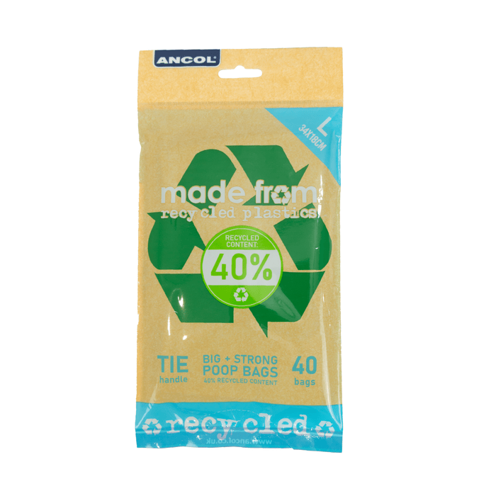 White background with a packet of Ancol 'Made From' recycled plastics Poop bags. Text on the packet states 'Tie handle, Big + strong poop bags, 40 bags'.