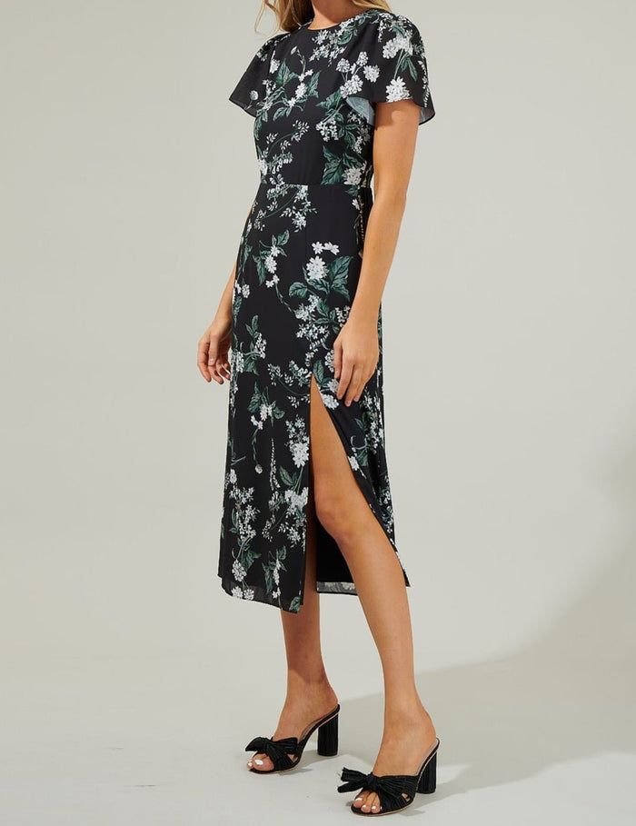 Black floral midi dress with flutter sleeves and high side slit side view