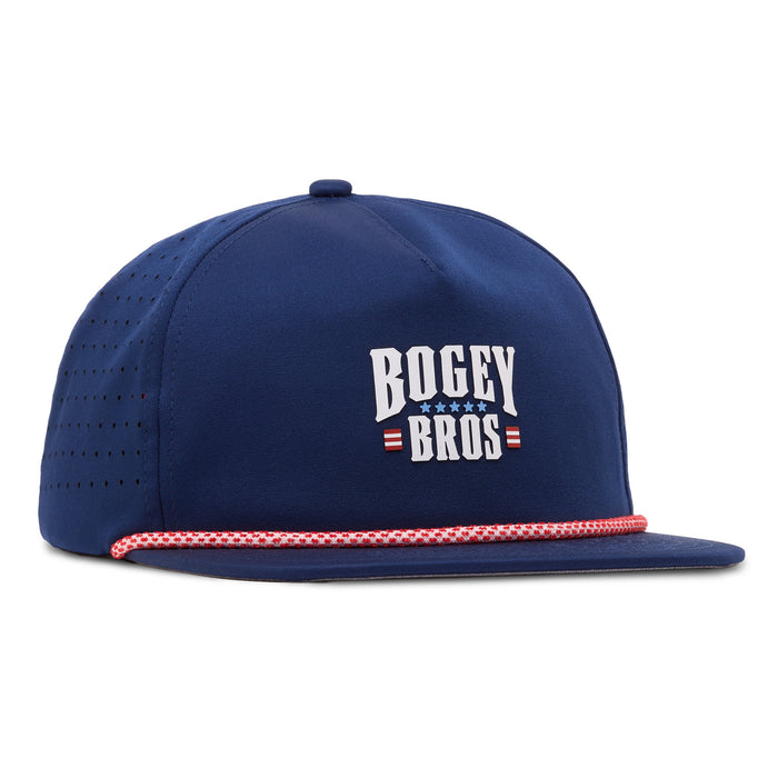 A blue snapback hat with BOGEY BROS written in bold white letters on the front above three small blue stars and red stripes. The hat features perforated side panels and a red and white braided rope detail across the brim.