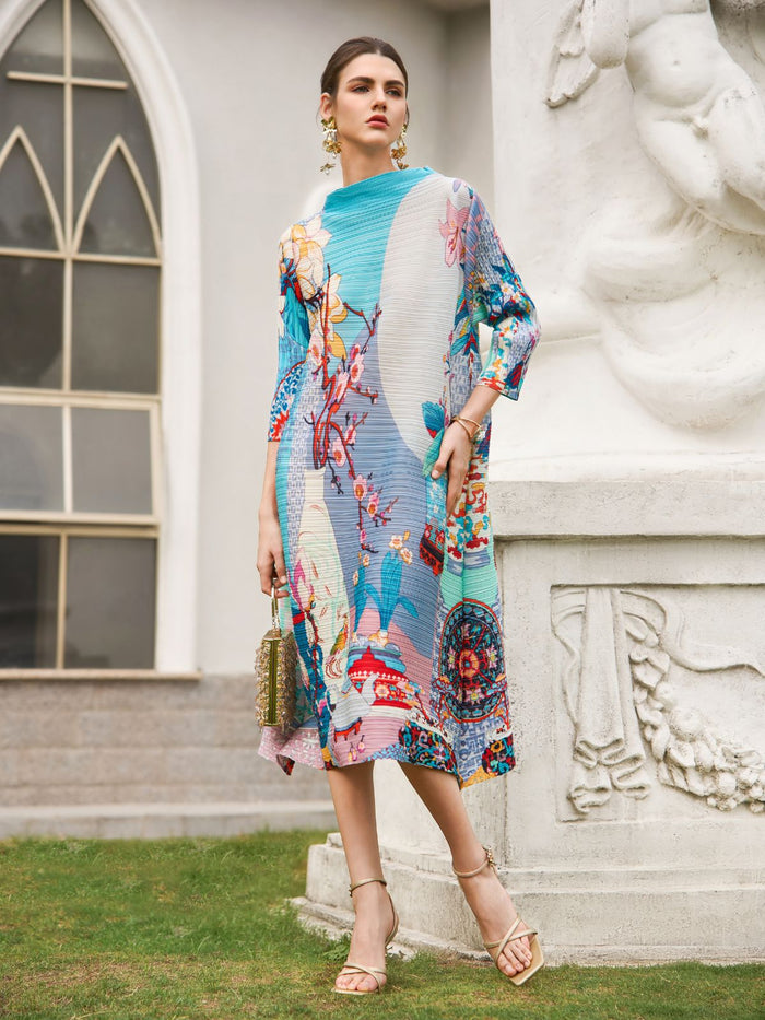 Artistic Print Pleated High Neck Dress (Slip Dress Included)